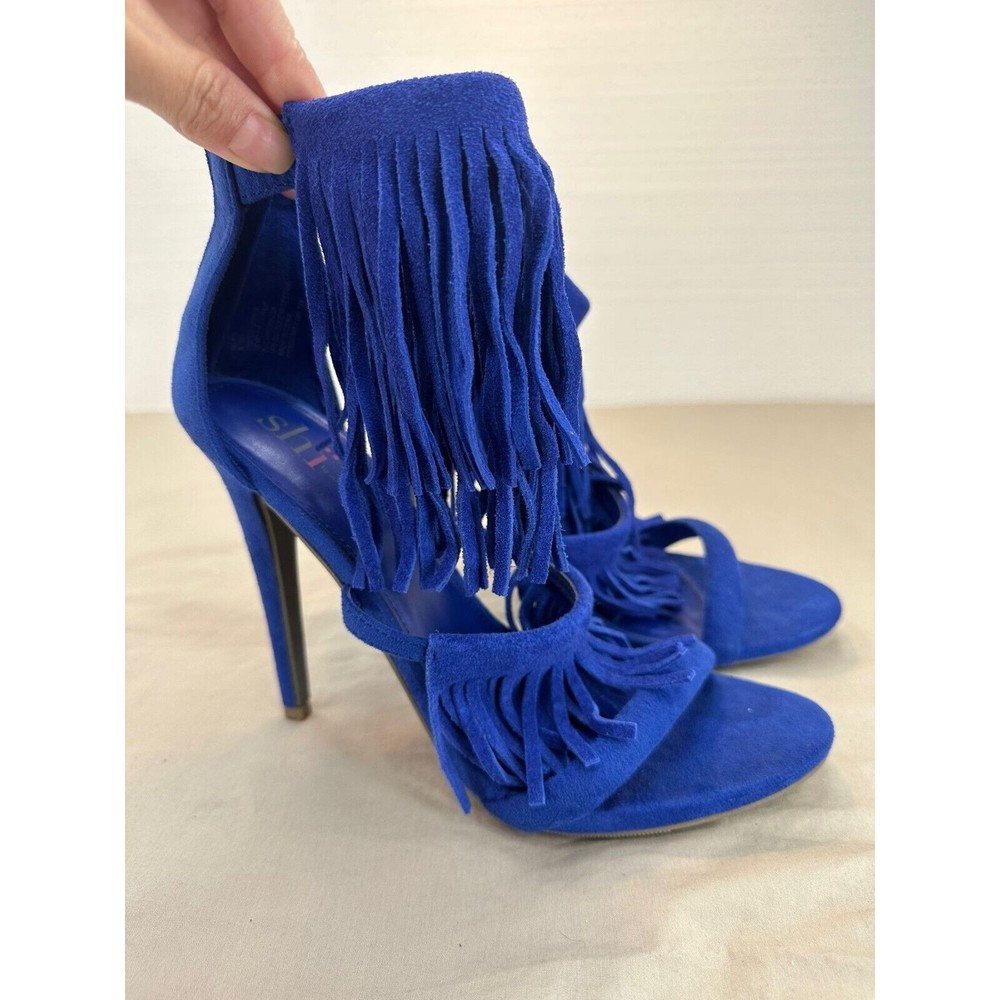 Shi by Journeys Womens KOKO Open Toe Fringe Sandal Heel Blue Size 8.5 M